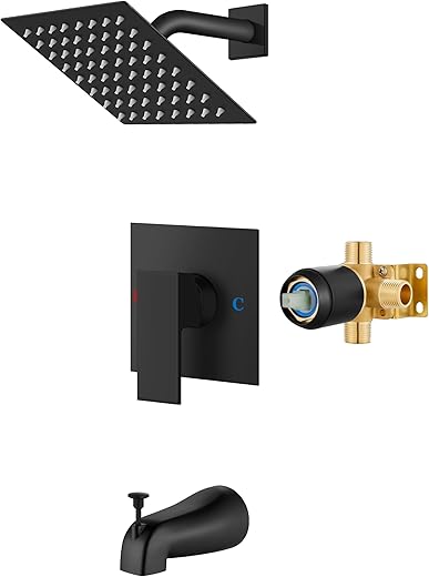 Airuida Shower Faucet Set with Tub Spout Bathtub Faucet Kit Shower Tub Faucet Set Complete Tub Shower Trim Kit with Solid Brass Rough-in Valve and 6 Inch Rainfall Square...