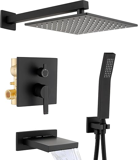 Shower System with Tub Spout, All Metal Black Bathtub Shower Faucet Set with High Pressure 10 Inch Rain Shower Head and Handheld Shower Head Set, Matte Black (Valve Include)
